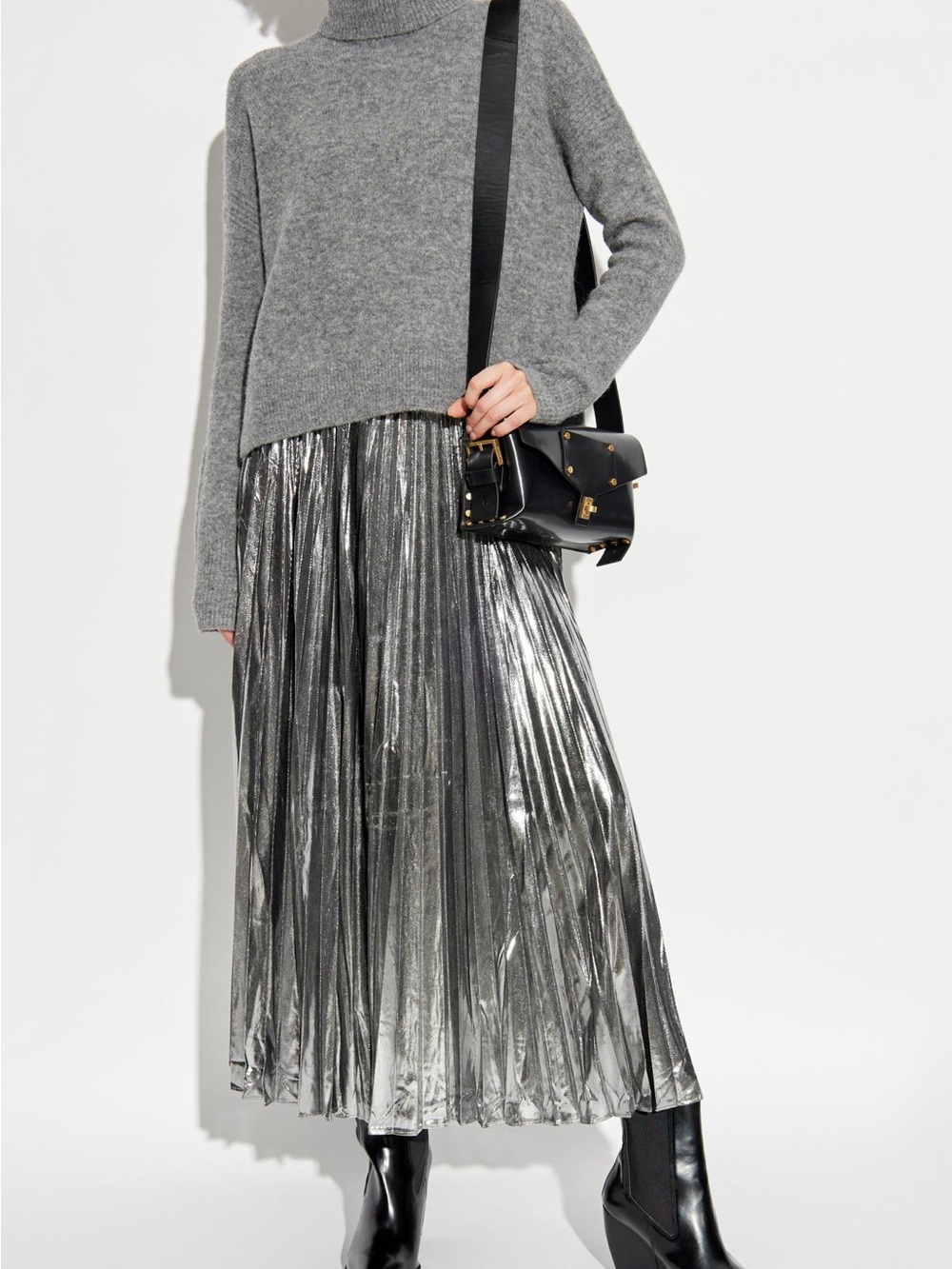 All Saints Metallic Silver Pleated Midi Slip Dress with Matching Sweater